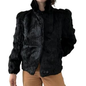 Vintage Womens Black Soft Rabbit Teddy Cropped Jacket Old Hollywood Sz S
